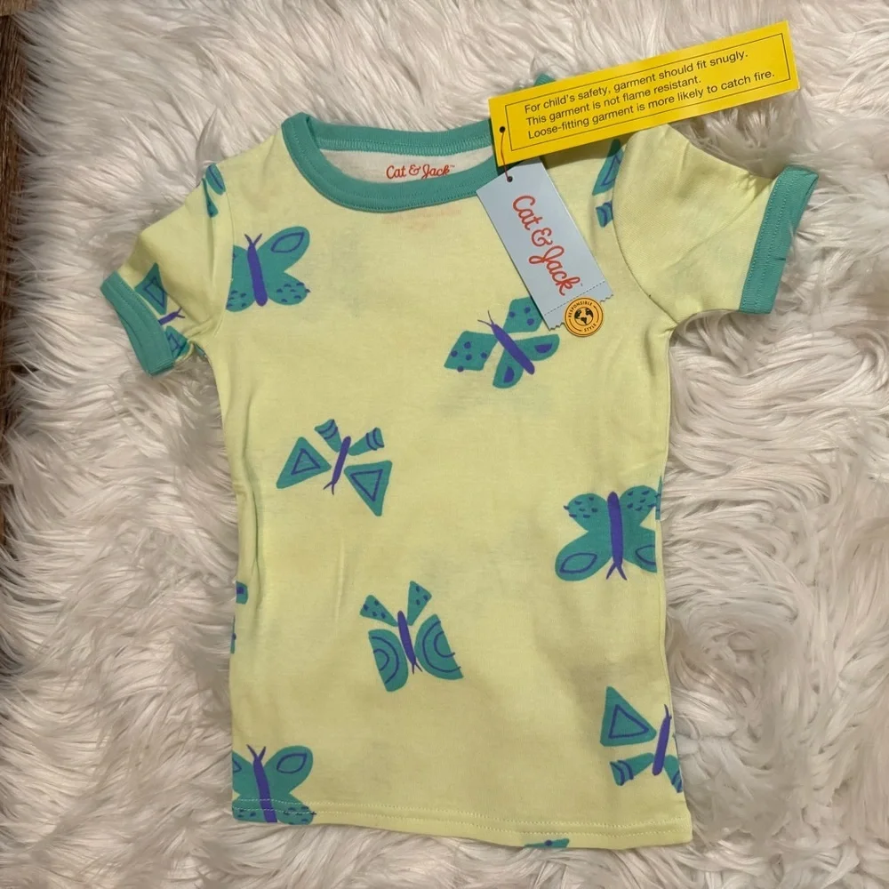 Cat &‎ Jack Girls 4 Butterfly Pajama Set Yellow Green Short Sleeve Shorts NWT